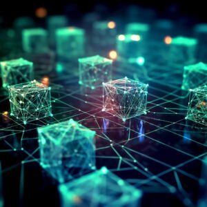 Futuristic glowing green and blue cubes linked by digital circuits.