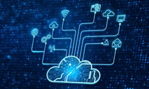 Glowing blue cloud icon connected to various network and tech nodes.
