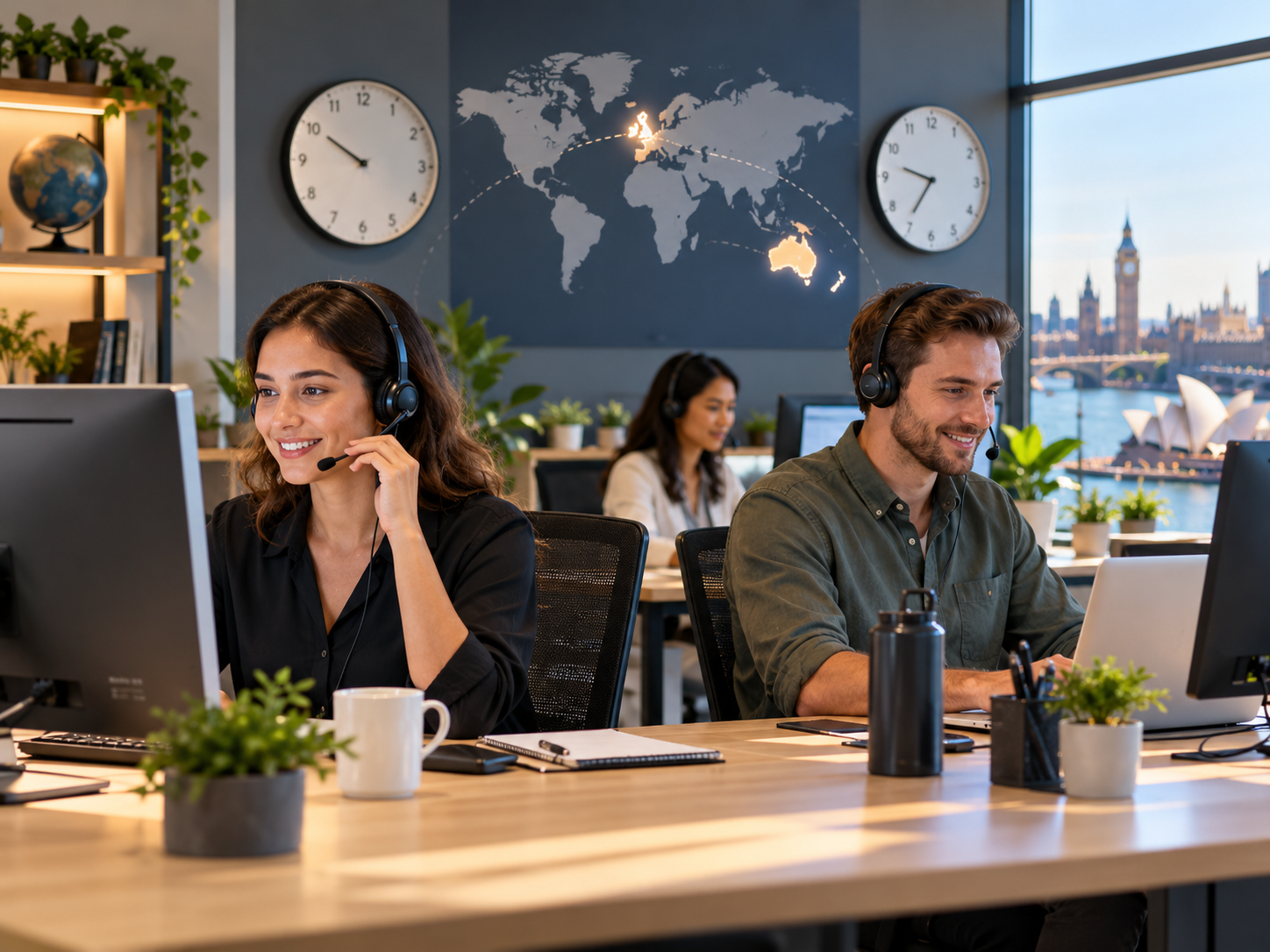 Customer support team wearing headsets working across multiple time zones for Australian and UK businesses