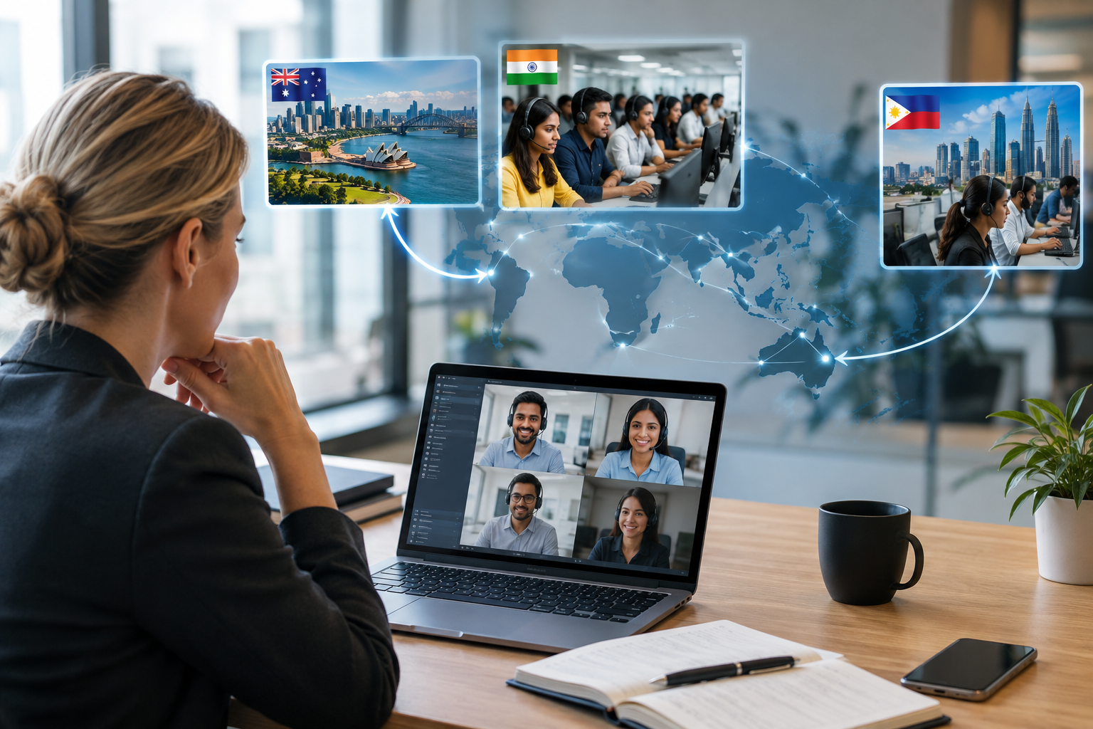 Global technology team collaborating across time zones — representing the offshore support model comparison between India and Philippines for Australian businesses