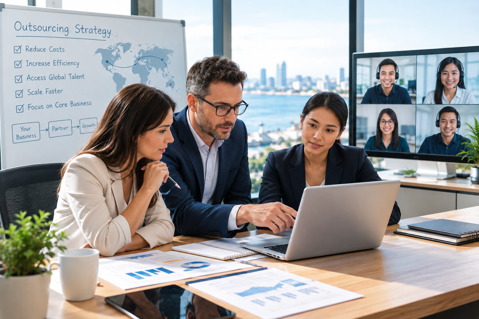 Business outsourcing strategy meeting with global remote teams
