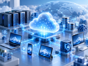 3D illustration of a managed cloud services network connecting server racks, databases, and secure devices
