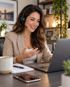 Smiling remote customer support specialist wearing a headset while working on a laptop at a desk