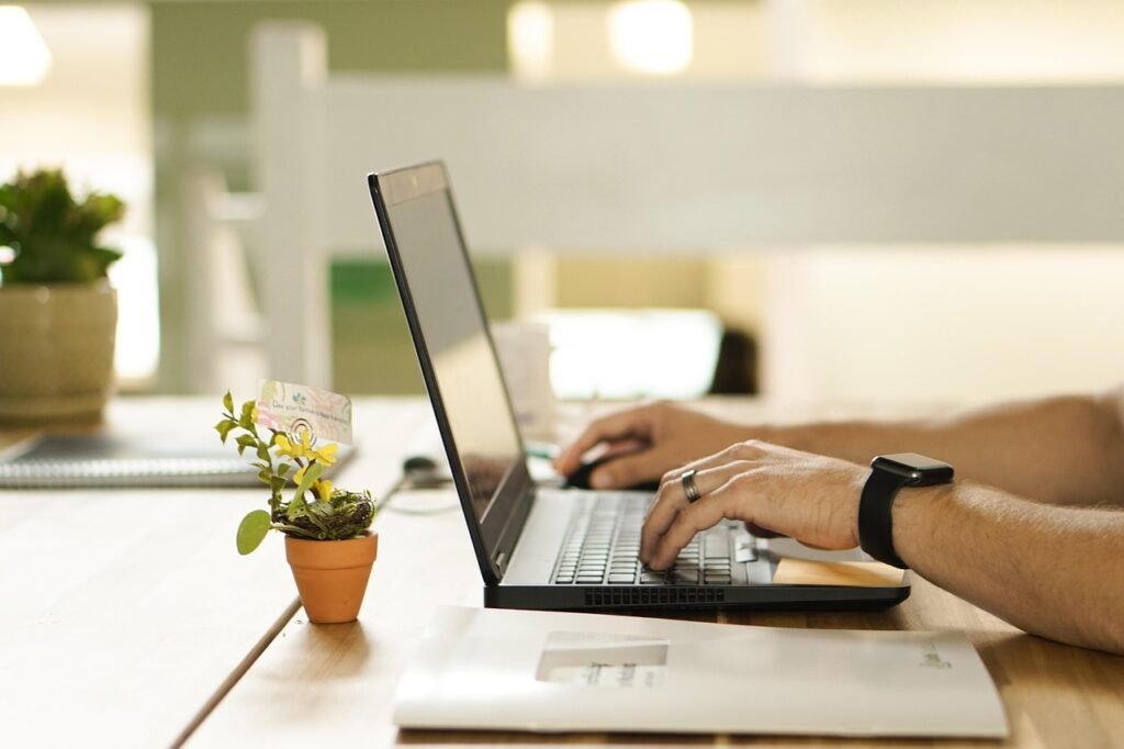 online, connection, laptop, plant, workstation, nature, pot, work, table, workspace, technology-4208112.jpg
