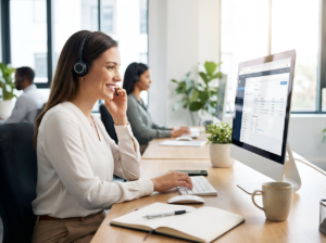 woman, office, work, desk, business, notebook, workplace, write, team, monitor, computer, mouse, screen, office work, headset, hotline, call center, communication, service, consulting, secretary, ai generated-10113152.jpg