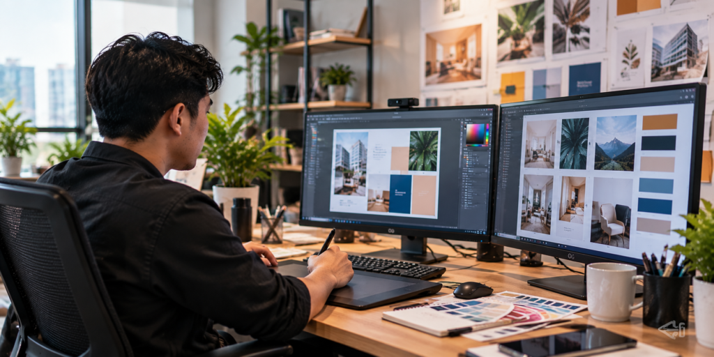 An office worker sitting at a desk and using a mouse while working on a computer monitor showing visual layout cards.