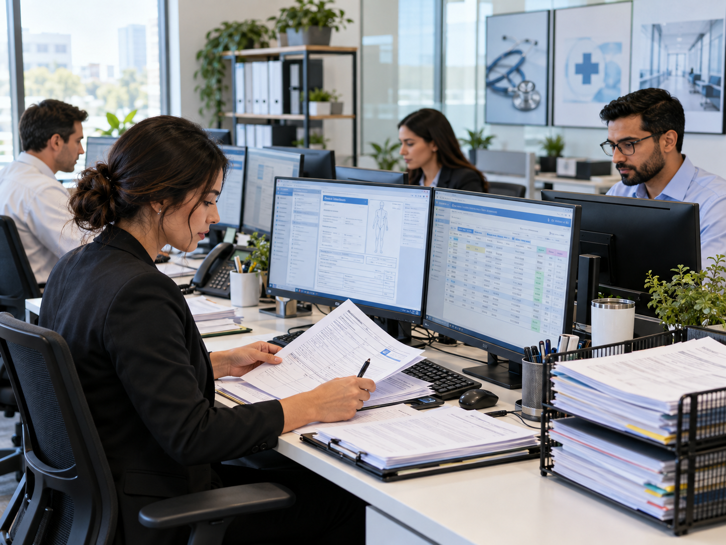A professional woman sitting at an office desk holding printed documents while looking at dual computer monitors.