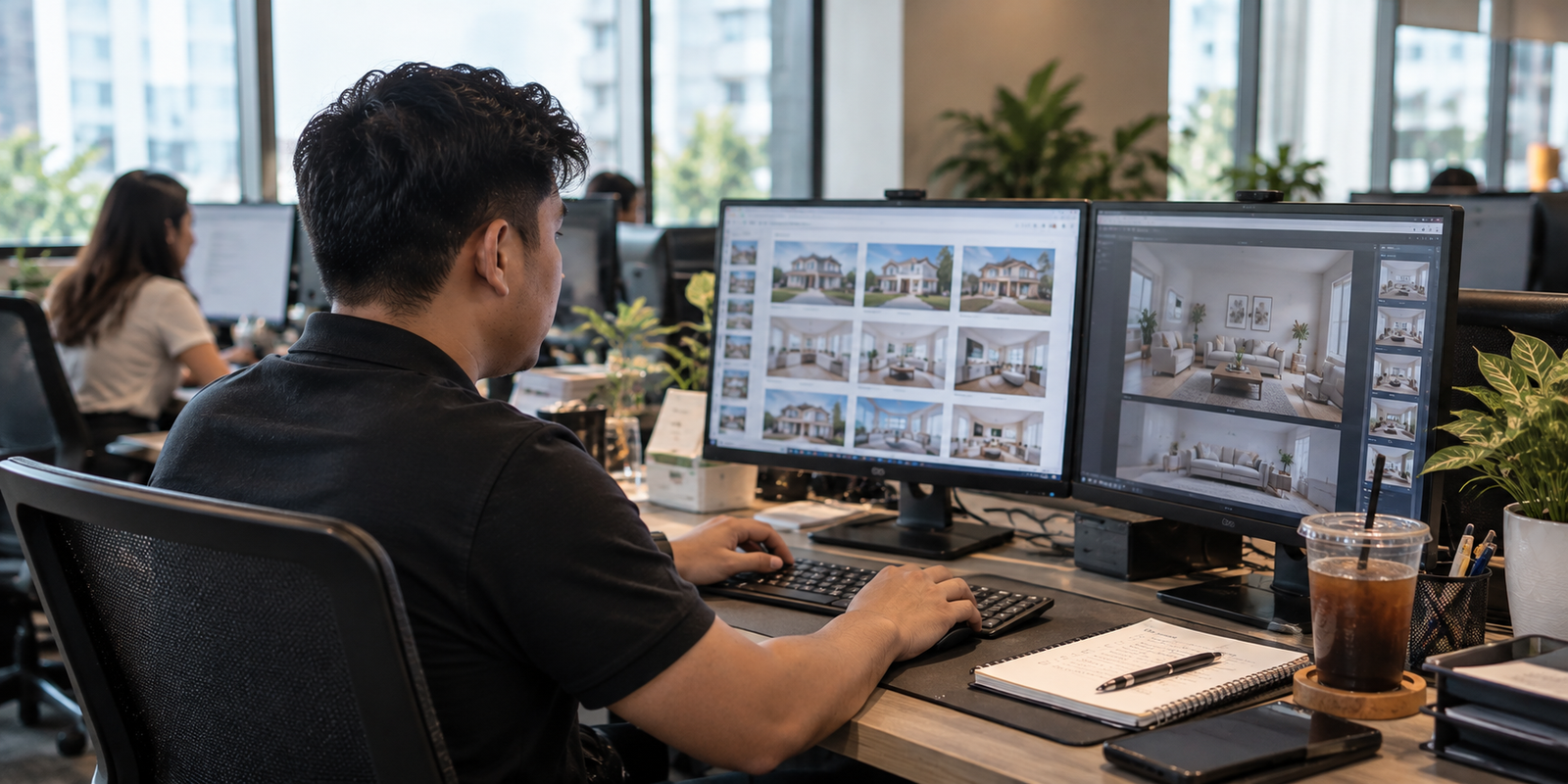 A male employee sitting at a desk using a keyboard while looking at dual monitors displaying a grid of images.