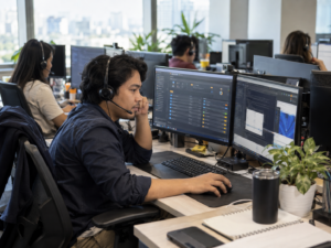 A customer service representative wearing a headset working at a desk with dual monitors in an open office setup.