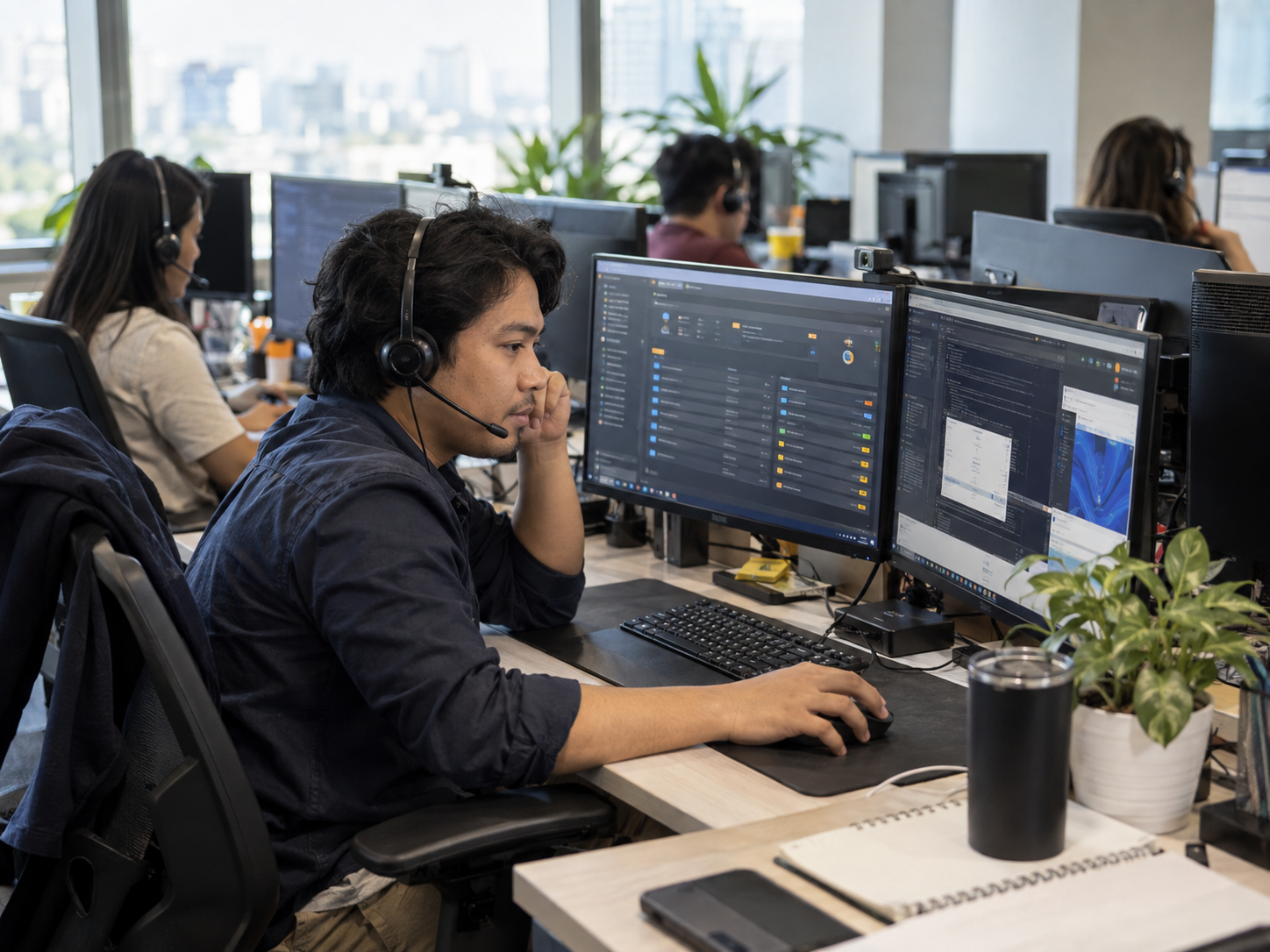 A customer service representative wearing a headset working at a desk with dual monitors in an open office setup.