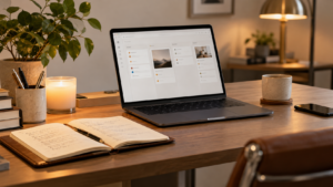 A open laptop sitting on a warm wooden table displaying a document application beside a planner.