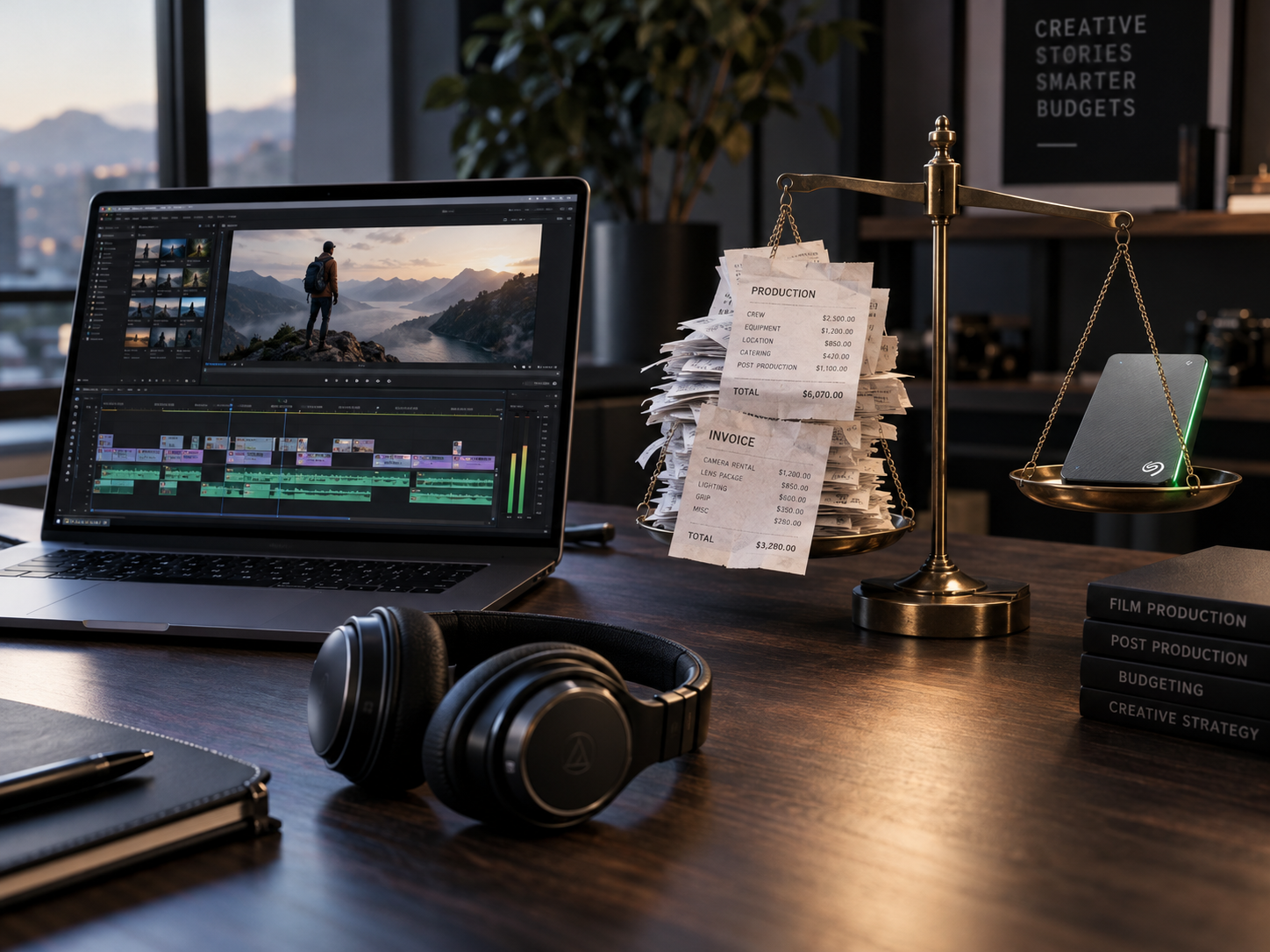 A laptop open to a video editing timeline next to over-the-ear headphones, production textbooks, and a brass balance scale holding a stack of receipts on one side and a portable hard drive on the other.