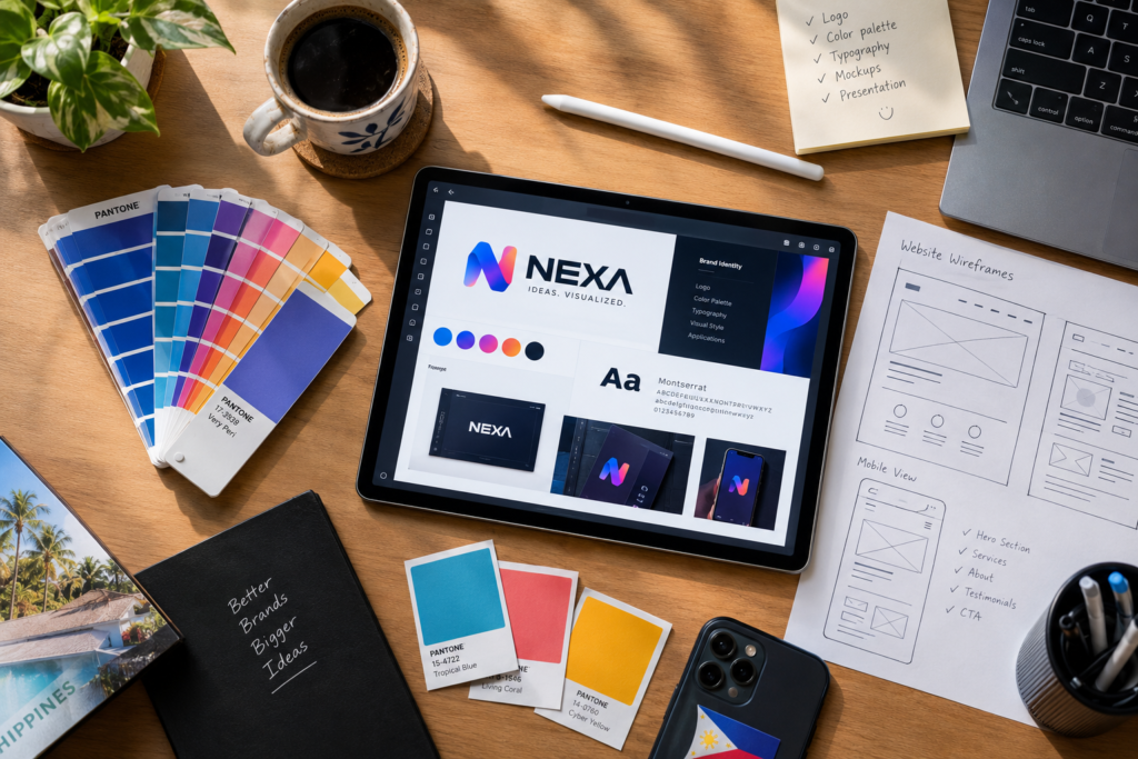Top-down view of a designer's desk with a tablet displaying the "NEXA" logo and brand identity guidelines alongside color swatches, a coffee mug, and design notes.