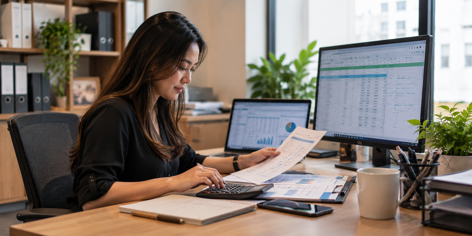 A woman sitting at a bright office desk reading paper documents with a computer monitor and laptop beside her.