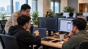 Three male colleagues collaborating at a shared office desk, with one pointing at code on a laptop screen next to dual monitors.