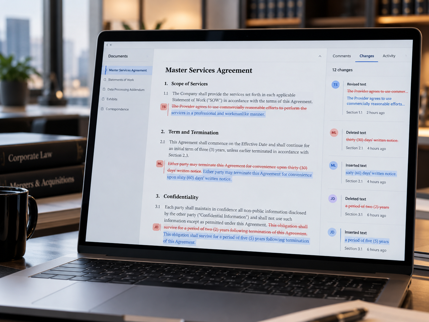 Close-up of a modern laptop screen showing structured legal agreements, contract clauses, and compliance redlines in a contemporary law office, soft ambient light, shallow depth of field, photorealistic