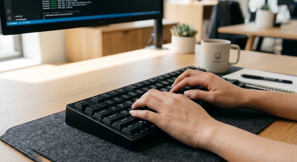 Close-up of a programmer's hands typing on a dark mechanical keyboard set on a felt desk mat with a computer screen showing code in the background.