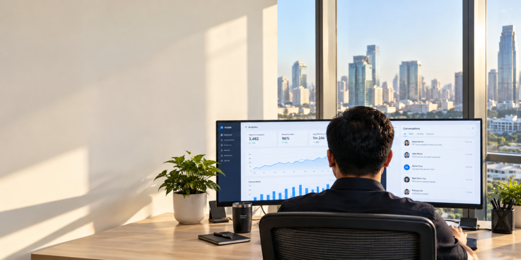 An employee viewed from behind sitting at a desk and working on a computer monitor showing data graphs overlooking a city skyline.