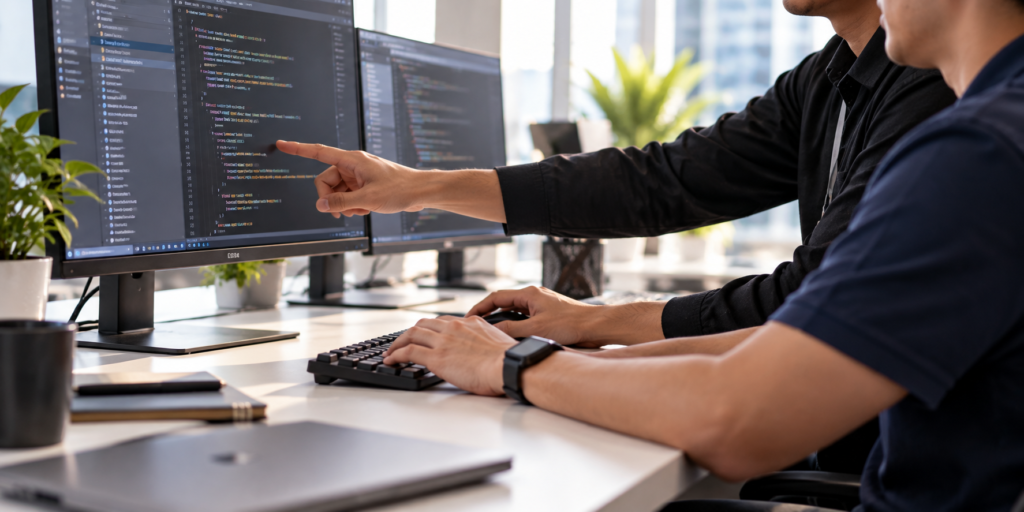 A close-up view of a person typing on a keyboard while pointing at software code displayed on a computer screen.