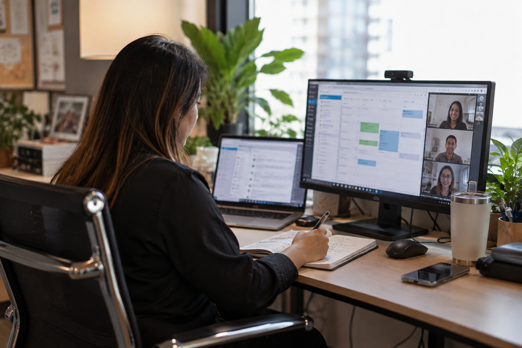 Side profile of a woman in an office setting working on a dual-monitor desktop setup while holding a pen.